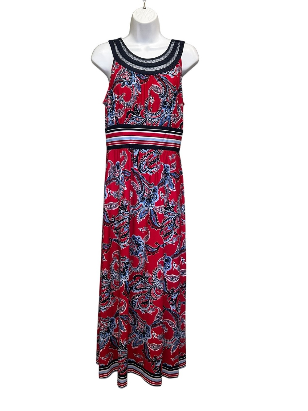 Roz & Ali Red Paisley Beaded Neckline Maxi Dress - Size M